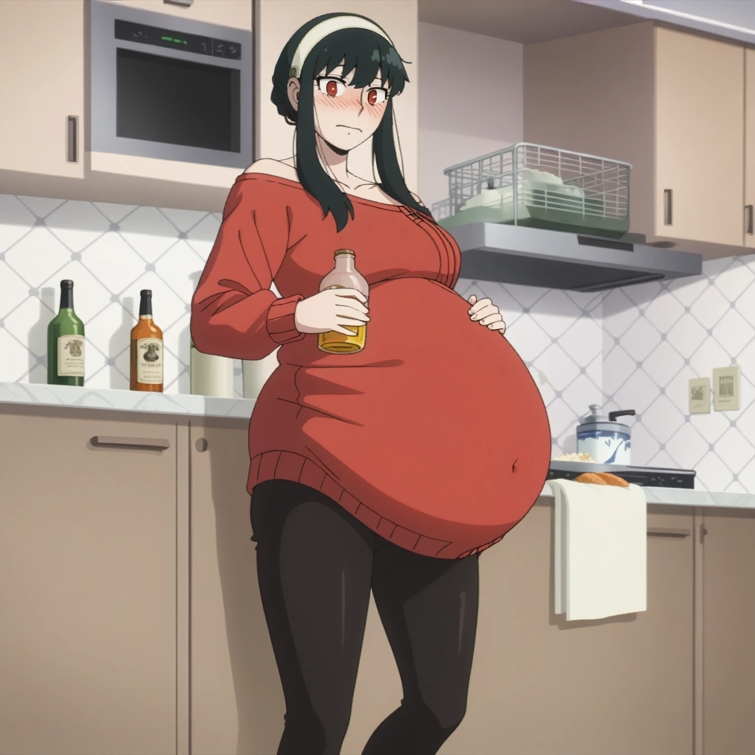 looking at viewer, solo, YorForger,1girl, ((middle breast)), ((belly stuffed)), ((huge belly)), ((very drunk)), ((staggers)), black hair, red eyes, short hair with long locks, white hairband, off shoulder, ((red sweater)), black pantyhose, ((drank too much)), ((exhausted)), ((agitated)), ((in front of a fridge)), ((open fridge)), ((lean on the fridge)),