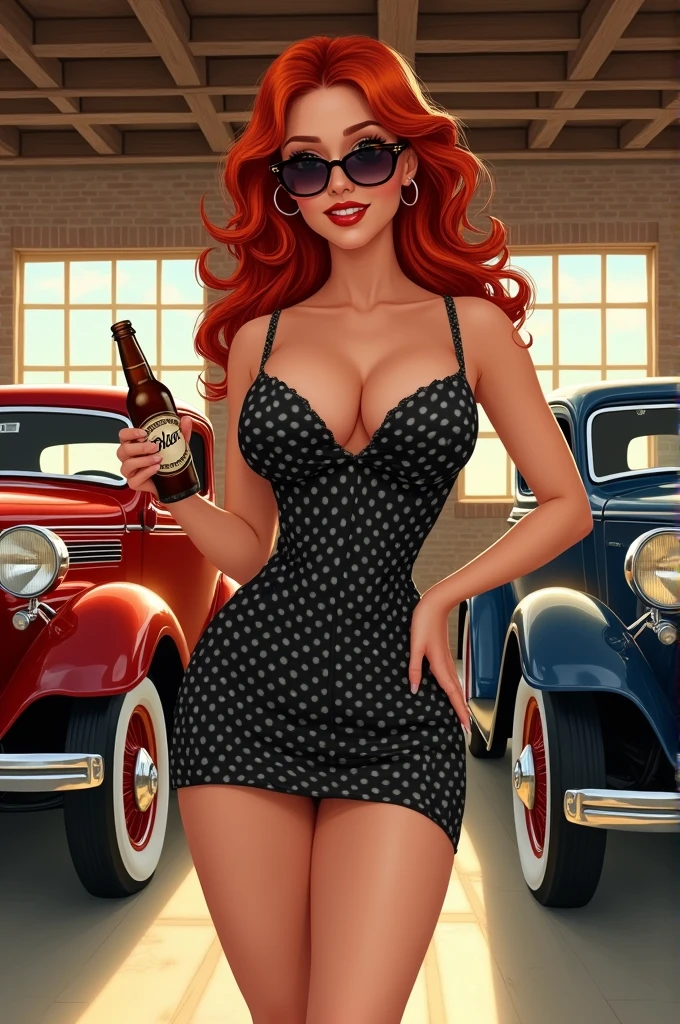 Drawing of a redhead pin-up girl with long curly hair, with round sunglasses and tortoiseshell frames, smiling seductively while holding a bottle of cold beer in her right hand, with the left hand resting on the hip. She is wearing a short black and white polka dot dress, with a sweetheart neckline and a skirt that hugs her curves, showing a little leg. It stands in a classic garage with brick walls and wooden windows., with two Ford cars of the time behind her, a 40 Ford Coupe and a 32 Ford Roadster, both with shiny chrome and white tires. Sunlight enters through the garage windows, creating a warm and relaxed atmosphere, with shadows and reflections that highlight the details of the scene, including the details of the cars and the texture of the girl's dress.