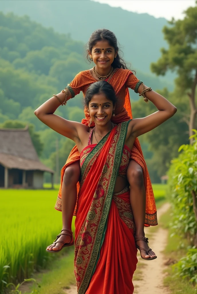 Smiling, Beautiful pakistani village young girl in saree carrying a large man over her head in a farm, full view , natural