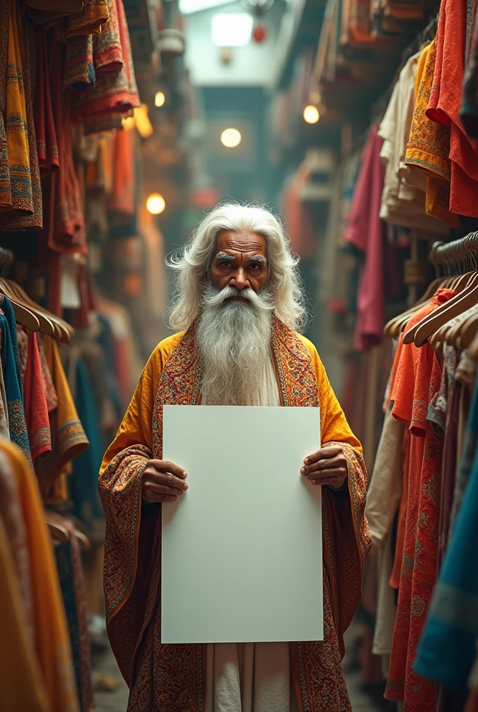 Maveli in a clothing shop with a blank poster in his hand