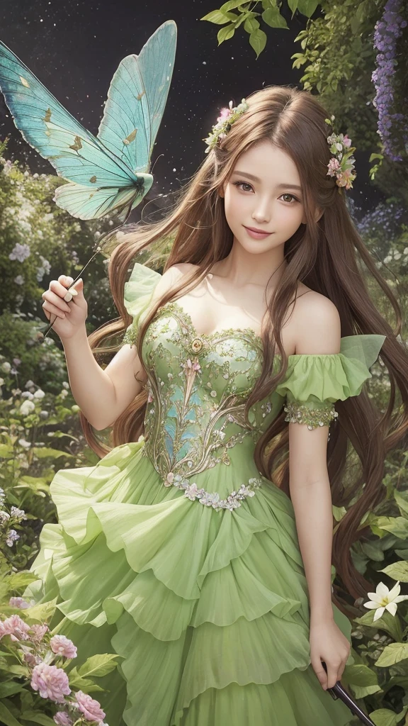 A beautiful flower fairy with green dress and brown long hair,holding a starry wand. She has transparent, colorful wings and a gentle smile, facing the viewer directly. The background is a bright, colorful garden full of flowers in a daytime setting, depicted in romantic fantasy digital art, showing only the upper half of her body.