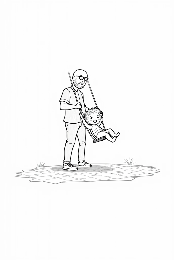Coloring page of a baby, short hair, many curls. On a parquet playing in a swing with his dad, shaved head man with short beard and glasses. Distant perspective