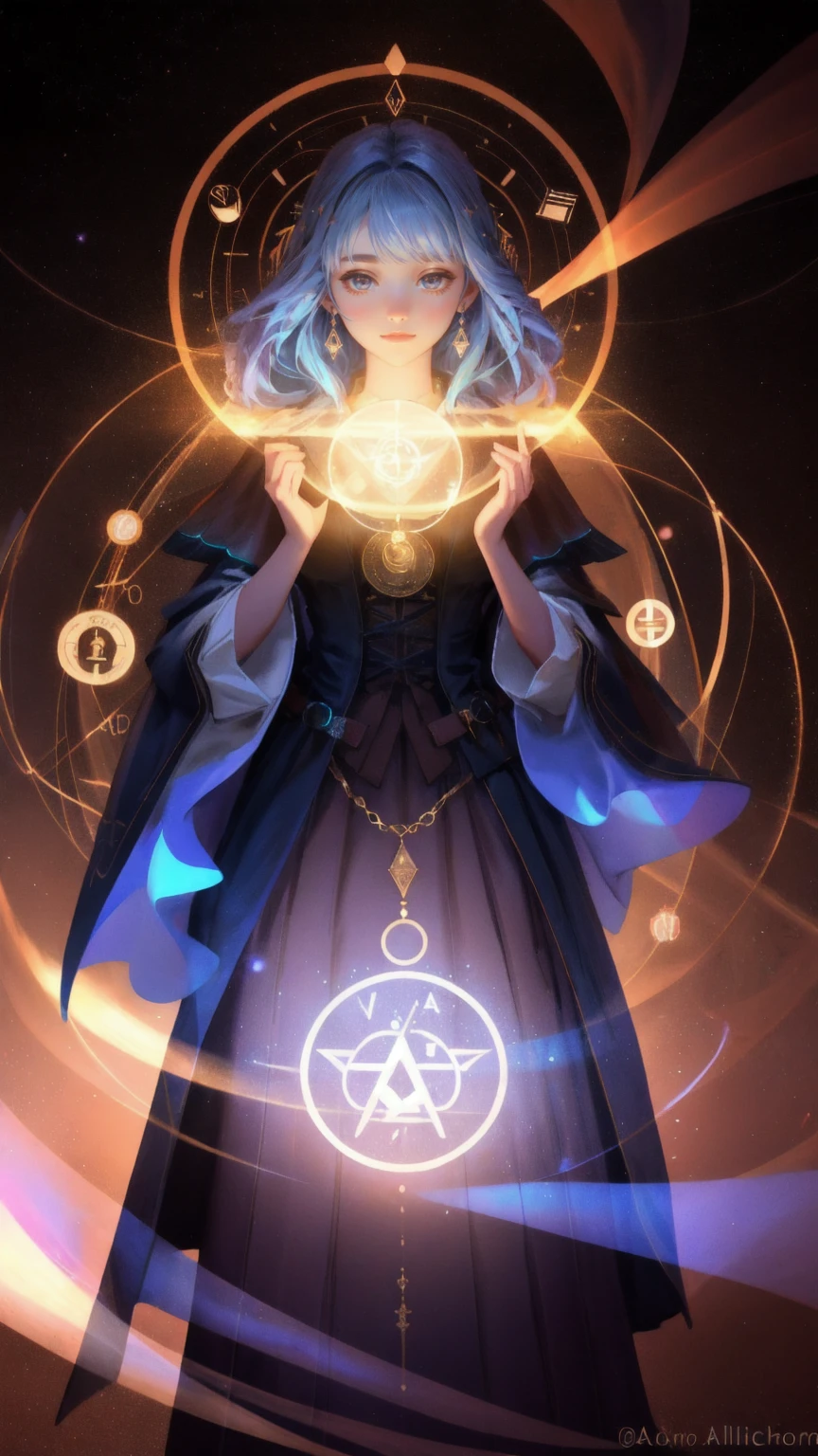 A beautiful, mystical girl dressed in a modern, alchemist-inspired outfit, holding glowing vials filled with swirling altcoin symbols. The symbols float and merge into the air around her, creating a magical aura. The scene is set against a rich brown background, with the soft glow of candles highlighting the mysterious, enchanting atmosphere. The keyword 'Altcoin Alchemy' is subtly integrated into the alchemical symbols floating around her, adding an extra layer of intrigue to the scene.
