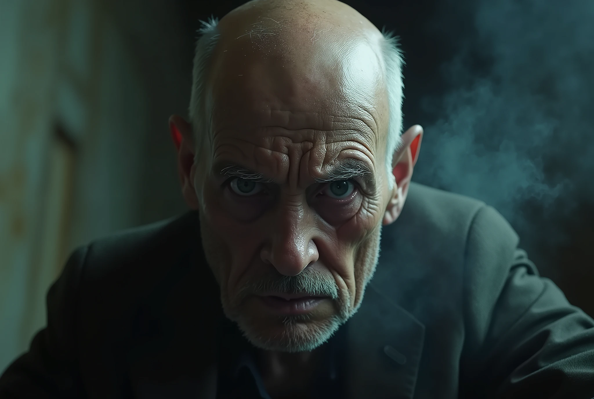 A photorealistic image captures the intense gaze of an elderly, bald man with a beard, whose eyes are filled with deep sadness and anger. His eyes are dark and piercing, slightly bloodshot with traces of recent tears still visible on his flushed, weathered cheeks. The expression on his face conveys a raw, powerful emotion, as if he is on the brink of breaking, yet holds a fierce resolve. Bright lights backlight the scene, highlighting the contours of his face and creating a stark contrast against the darker background.

Suspended in the air between his eyes and the viewer, a translucent, almost ghostly black message reads exactly: "Mercy is over!". The text appears as if it's floating, blurred at the edges, with the letters formed from a faint mist or dark black smoke that lingers in the space. The smoky words are readable, though not overly bright, hovering just in front of his gaze, creating a surreal yet powerful effect.

Text exactly says: "Mercy is over!". Text says: "Mercy is over!". 

The lighting is soft and diffuse, casting subtle shadows that accentuate the lines of his face and the intensity of his expression. The background is dark and out of focus, ensuring that all attention remains on his face and the ominous message suspended before him. The overall tone of the image is haunting, with the ethereal text adding a layer of depth to the man's emotion, making the scene both unsettling and deeply evocative.

The image is shot from a low, tilted angle, intensifying the sense of movement and desperation. Dominating the entire image is a massive, semi-transparent text that reads 'Mercy is over!' in a dramatic, bold font. The text almost acts as a title, floating in the air, partially obscuring the scene but enhancing the overall tension and urgency of the moment.