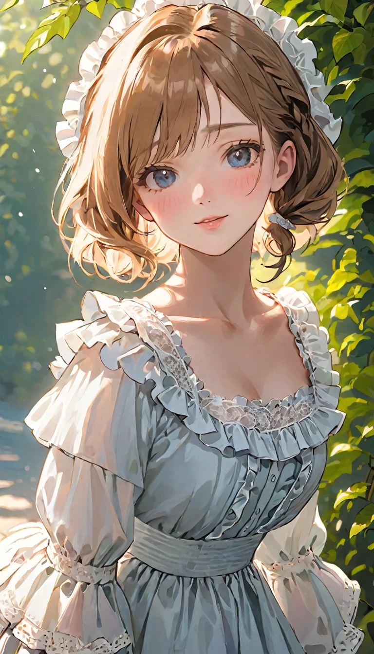 (Cute Face, surprisingly flat chest), (Beautiful ruffle and lace outfit:1.3), Ultra-high resolution, Superior Quality, Highest quality, Very detailed, Realistic, 8k, RAW Photos, Highest quality, masterpiece, Professional photography, Realistic portraits, Beautiful details, close-up portrait of a , Outdoor, Beautiful sight, Beautiful views, Beautiful background, (Beautiful Face:1.2),
