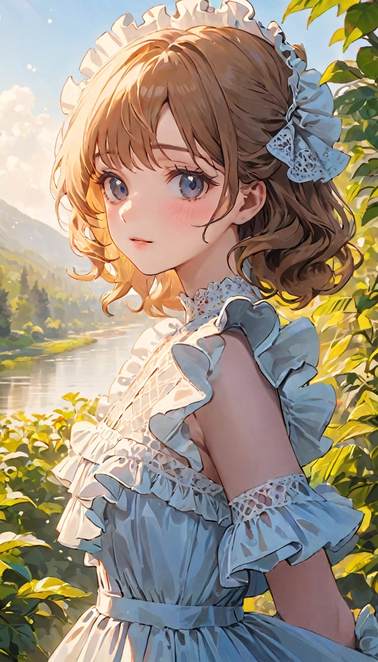 (Cute Face, surprisingly flat chest), (Beautiful ruffle and lace outfit:1.3), Ultra-high resolution, Superior Quality, Highest quality, Very detailed, Realistic, 8k, RAW Photos, Highest quality, masterpiece, Professional photography, Realistic portraits, Beautiful details, close-up portrait of a , Outdoor, Beautiful sight, Beautiful views, Beautiful background, (Beautiful Face:1.2),