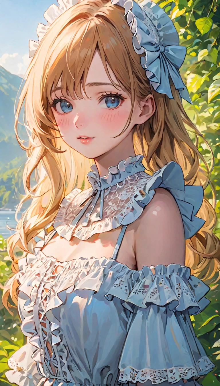 (Cute Face, surprisingly flat chest), (Beautiful ruffle and lace outfit:1.3), Ultra-high resolution, Superior Quality, Highest quality, Very detailed, Realistic, 8k, RAW Photos, Highest quality, masterpiece, Professional photography, Realistic portraits, Beautiful details, close-up portrait of a , Outdoor, Beautiful sight, Beautiful views, Beautiful background, (Beautiful Face:1.2),