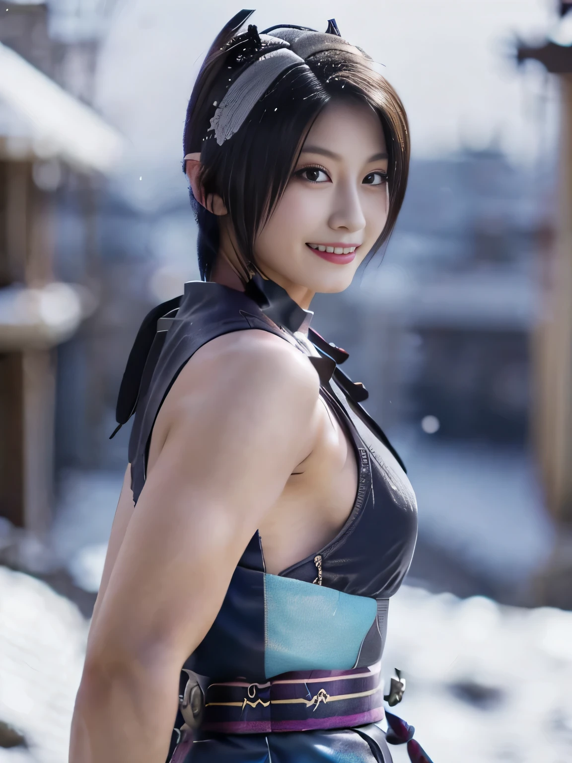 20 year old Japanese beauty，One woman、Muscular body like a bodybuilder、Emphasize the breasts、He wears a headband on his head、Slit eyes、A head-to-toe view，Bust is very very large、The background is a snowy country、High quality photos、Clear, crisp images of the lower body、Masterpiece 8k、Smiling、Is doing a high kick、From the front, from the side, from the back, etc.々from what camera angle to shoot、Light blue ninja costume