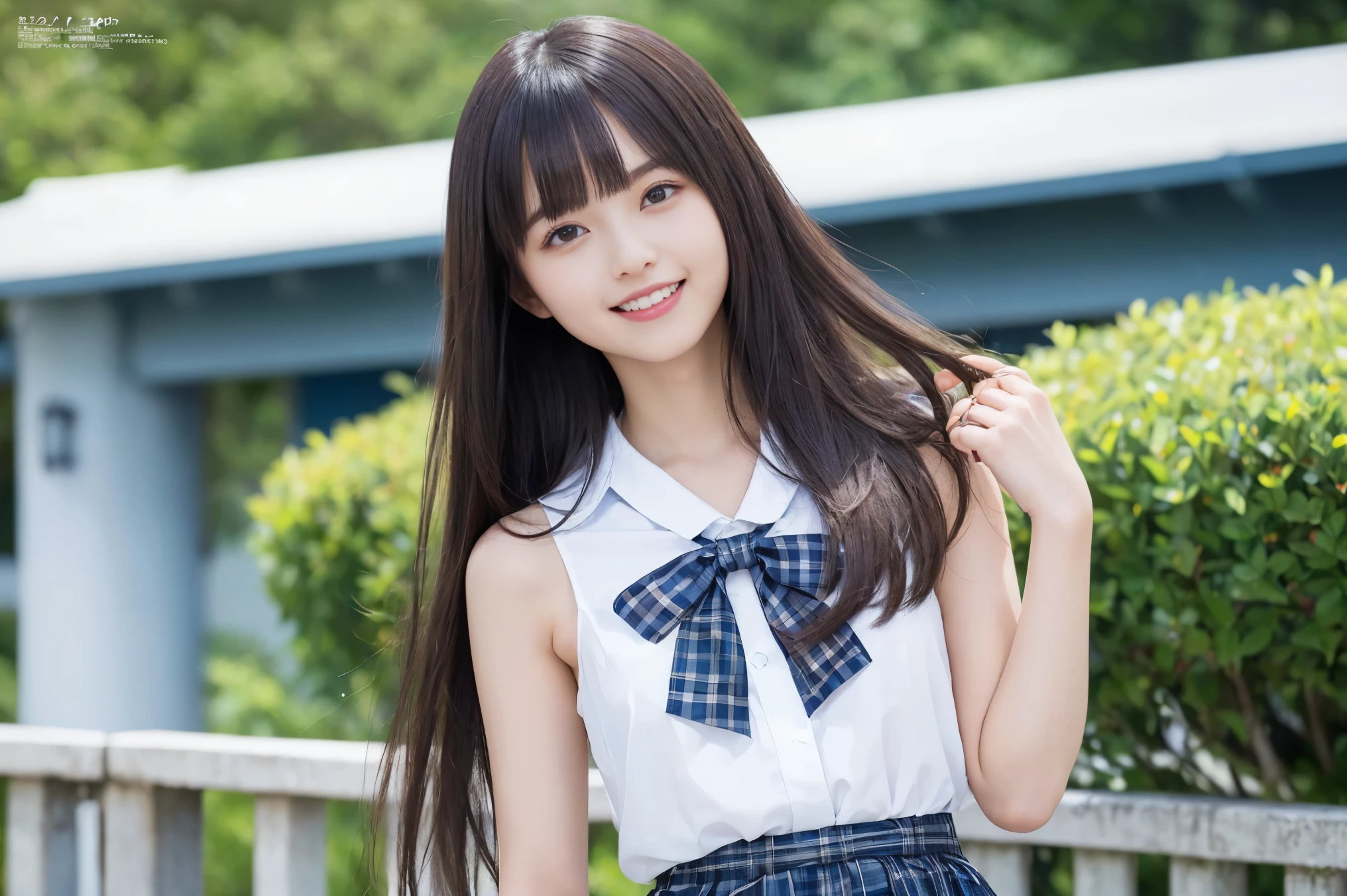 (Highest quality, masterpiece:1.2), Highest quality, Realistic, photograph, High resolution, 1080P, 8k, Physical Rendering, ((height: 155cm、Slim and slender style、medium firm chest)), ((((((A beautiful fashion model featured in a Japanese fashion magazine、Look directly at the viewer)))))), (((big, Very fine, Beautiful dark brown eyes))), ((((Everyone loves me、They are Laughter at me.!)))), Detailed fingers, (((length, Curled bangs))), ((((Very noble and cute eyes, Every detail is carefully drawn)))), ((double eyelid)), (((length eyelashes))), ((cute、Adorable、Adorable、Laughter、Laughter頬)), ((Pure white light hits my nose and cheeks. Her eyes and the white skin of her face are beautifully white........)), (((((Her face is very expressive、With a noble smile。, Very fun smiling beauty, Very clever smile))))), ((((A striking plain navy large school ribbon bow tie)))), ((((Very beautiful long black hair blowing in the strong wind outdoors、Fluttering Hair)))), (((((((She is wearing a formal long pleated skirt, Blue and navy tartan check, ))))))), ((((The size is a bit small、When she lifts up her white sleeveless shirt with a gold emblem, she shows off her beautiful small breasts.、Full upper body nude)))), ((As elegant as a noble princess)), ((From before, Create a striking image showing off your breasts..))(((((( fully nude high school girl)))))、Tight waist((((((Very close))))))、((((((Summer Traditions2Full nude high school girls)))))、Shortcut Straight Hair