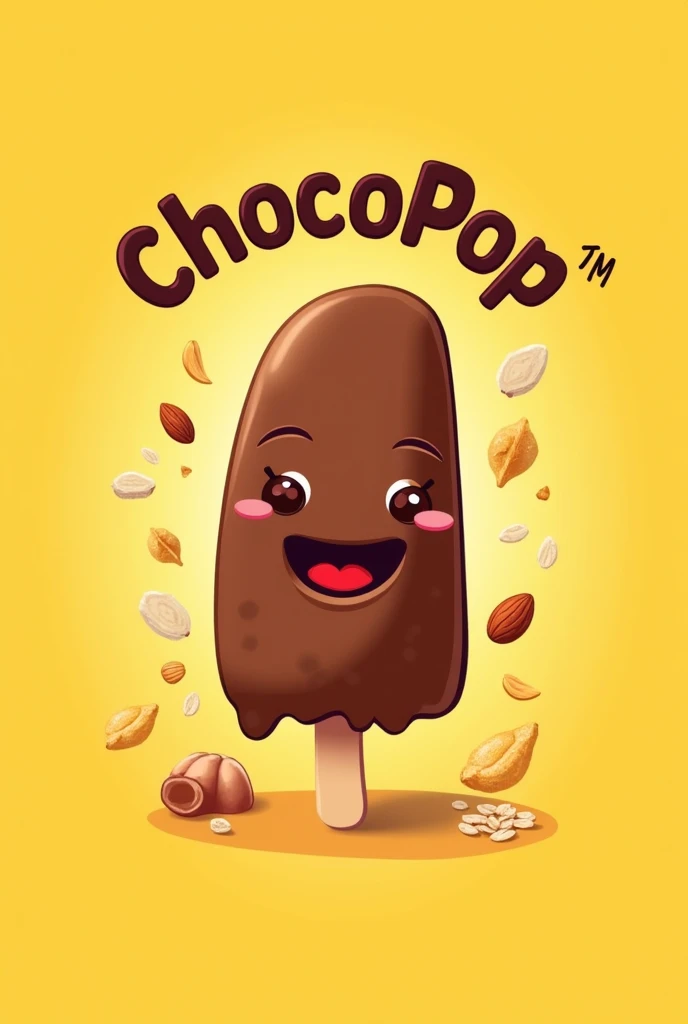 Make me a logo called ChocoPop, with yellow and brown colors, Keep in mind that these are chocolate covered banana popsicles plus toppings., like a nut, Avena, almond