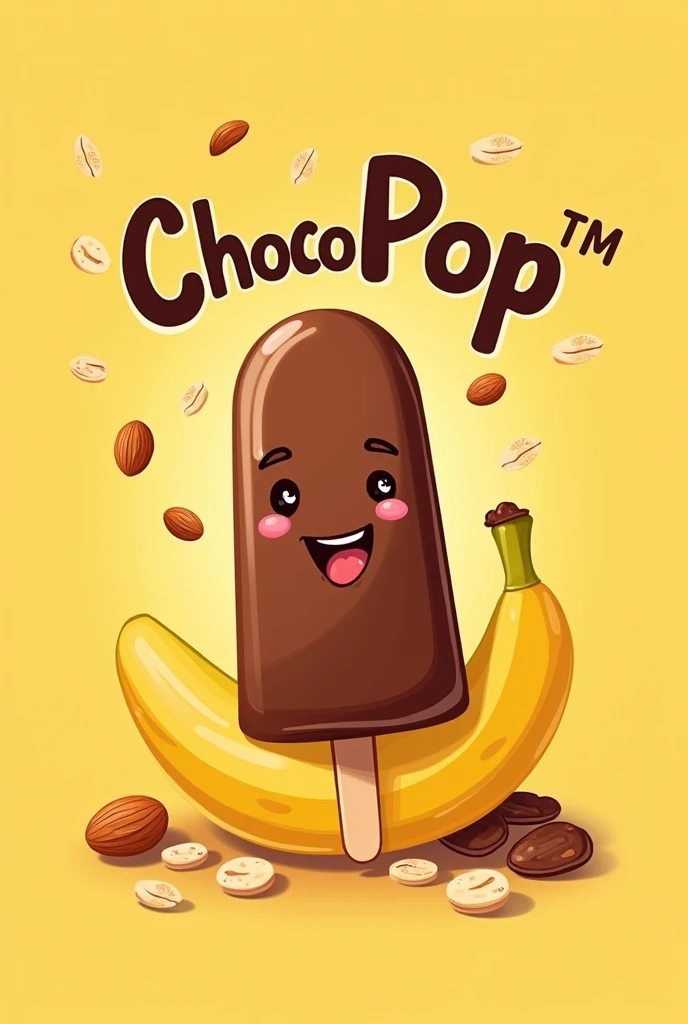 Make me a logo called ChocoPop, with yellow and brown colors, Keep in mind that these are chocolate covered banana popsicles plus toppings., like a nut, Avena, almond