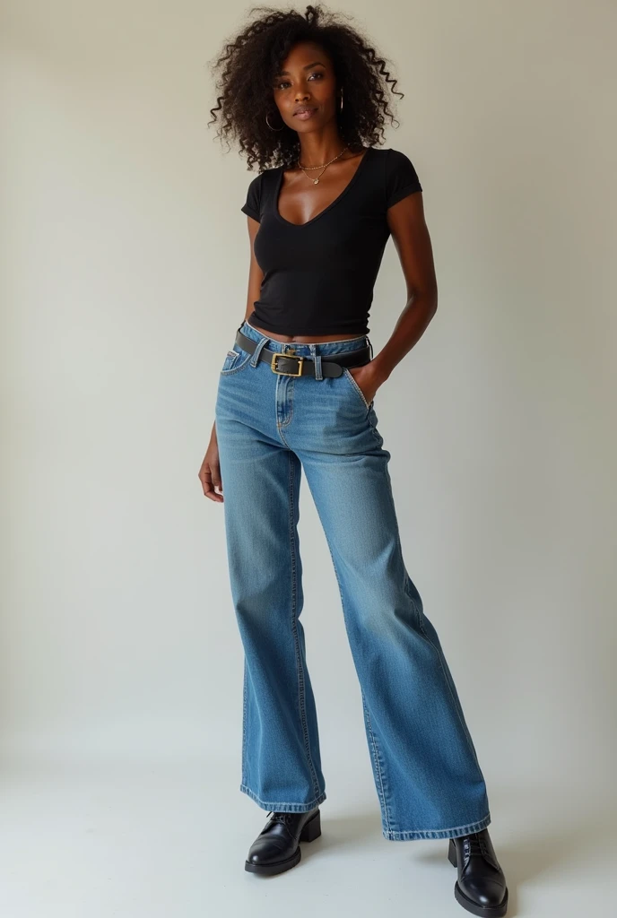 Create samples of a dark skinned lady showcasing how to style in mom jeans, cargo pants, skinny jeans, flared jeans and straight jeans.