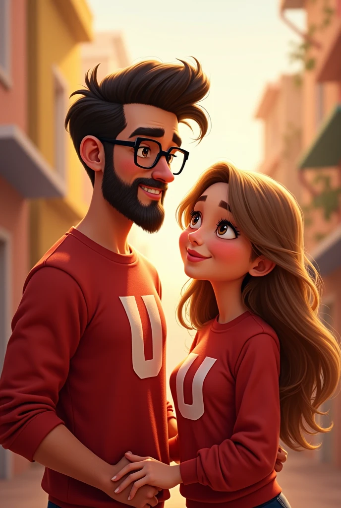 Tall Man, Red sweatshirt with initial U. Dark brown hair, Brown eyes, with square lenses, sideway hairstyle, beautiful smile, large eyes, semi bushy eyebrow, brown skin, weight about 78kg, short beard without mustache. Woman with honey colored hair, Long loose hair, small honey-colored eyes, pink lips, peach cheeks, red sweatshirt with initial "I", weight of 75kg. Disney pixar tangled style