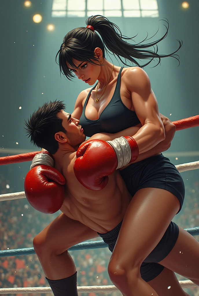 two person. she is punched by him. a man and a naked girl is fighting in a octagon ring. a man is beating bloody pretty young japanese girl fighter so hard. she is dominated by him. she is crying and screaming. she has short-cut black hair, shortness of breath, drool from her mouth, closed eye, exhaustion, and sweat soaked. open finger grobe. full body. Muscularity. Six pack abs. Erect nipples.