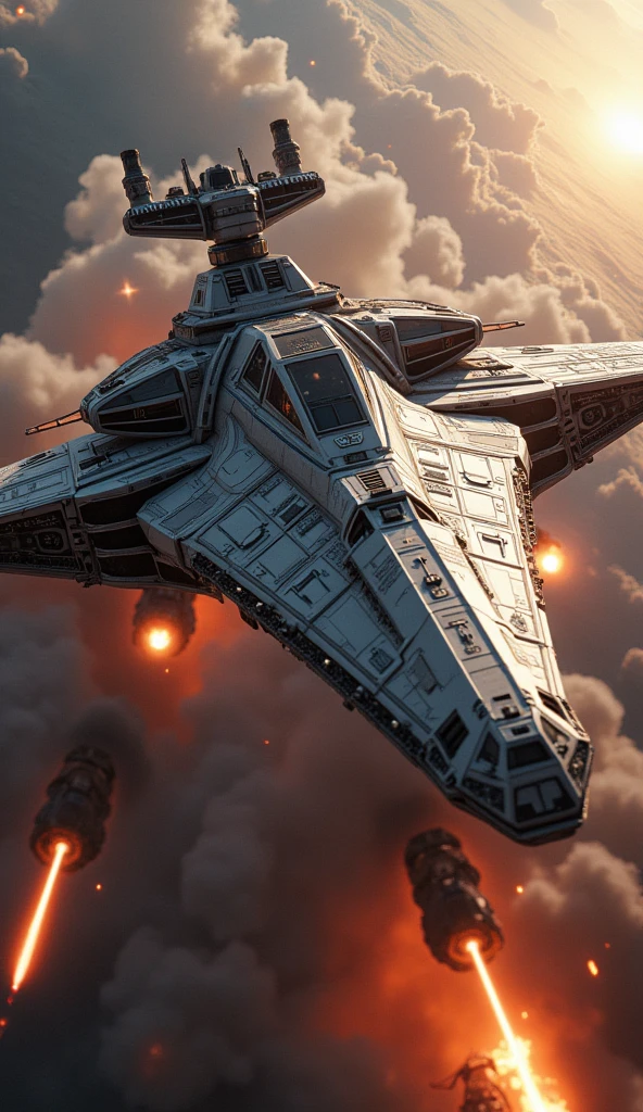 Star Wars, Futuristic sci-fi space battle, very detailed, A magnificent spaceship, Fierce battles, Glowing energy weapon, Powerful Explosion, dramatic lighting, cinematic composition, Change color palette, realist rendering, Intricate mechanical details, Sense of scale and grandeur, (best quality,4K,8k,high resolution,masterpiece:1.2),very detailed,(realist,photorealist,photo-realist:1.37)