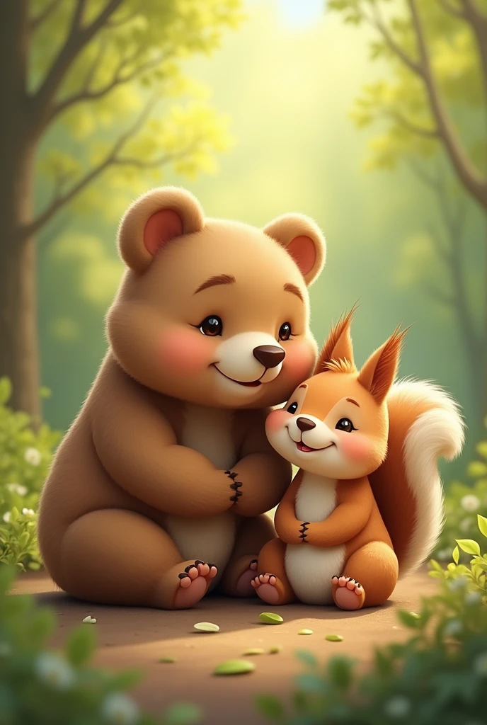 The bear and the squirrel sitting together, smiling at each other in a friendly manner.
