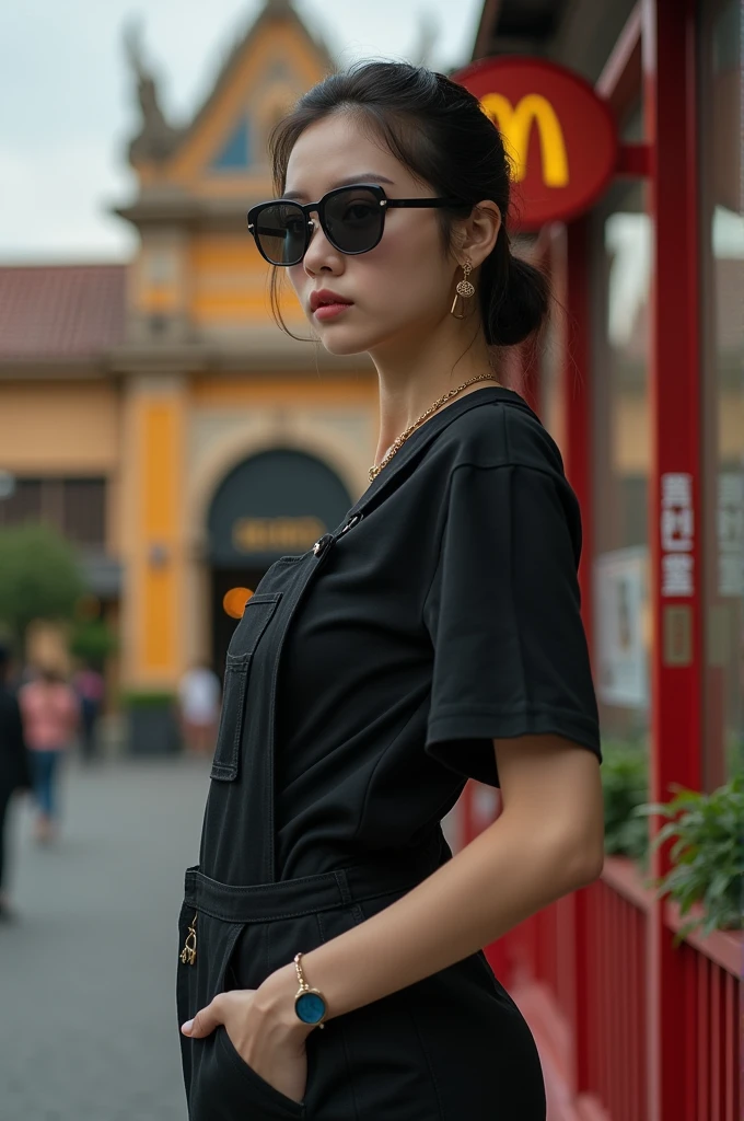 The full body image of a Korean woman is very beautiful. Wearing a black shirt, dark glasses, black overalls, she is ordering a hamburger at McDonald's, Tha Phae Gate branch, Chiang Mai, Thailand.