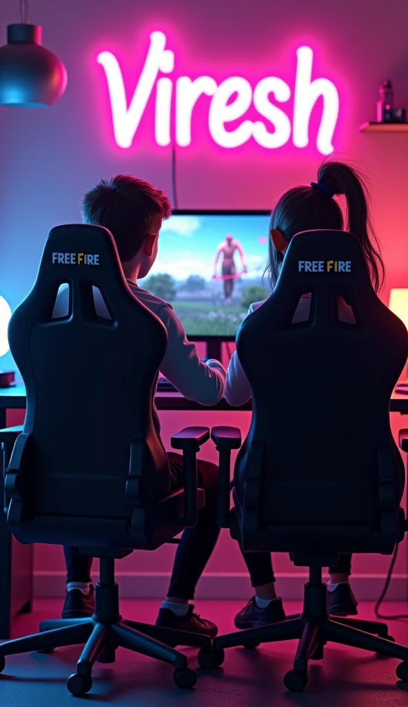 Create  3d picture boy and girl sitting on gaming chair back side written free fire and working on pc with gameing application. And wall written his name "viresh" with neon light. Picture from back side, biy and girl face not visible.