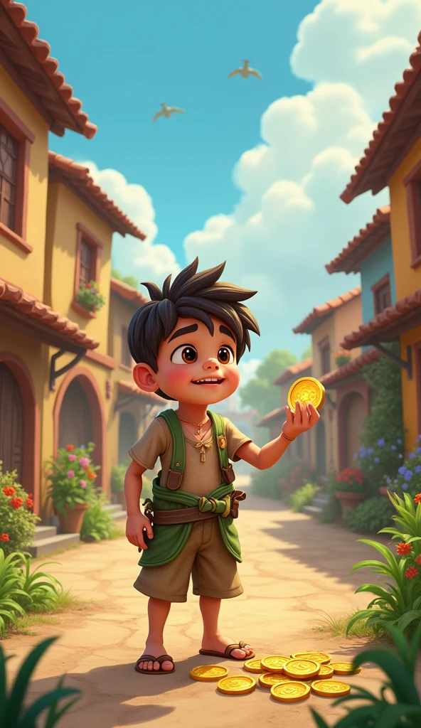 Taller Poor boy find a only one golden coin boy hold his hand boy dressing wear on rags man cartoon village background