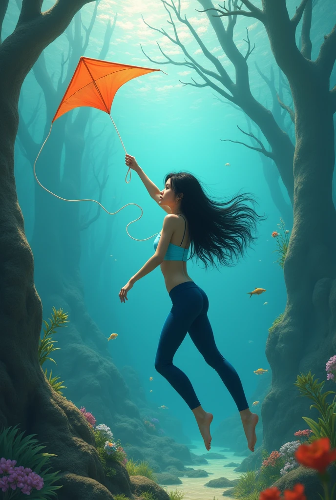 Deep beneath the river, there was a young woman in a light blue tube top, dark blue tight rubber pants, a beautiful face, long black hair, she was flying a kite happily in the water, there were many small fish, there were many large trees standing dead underwater, oil paintings, 3D paintings, art paintings by Professor Chalermchai.