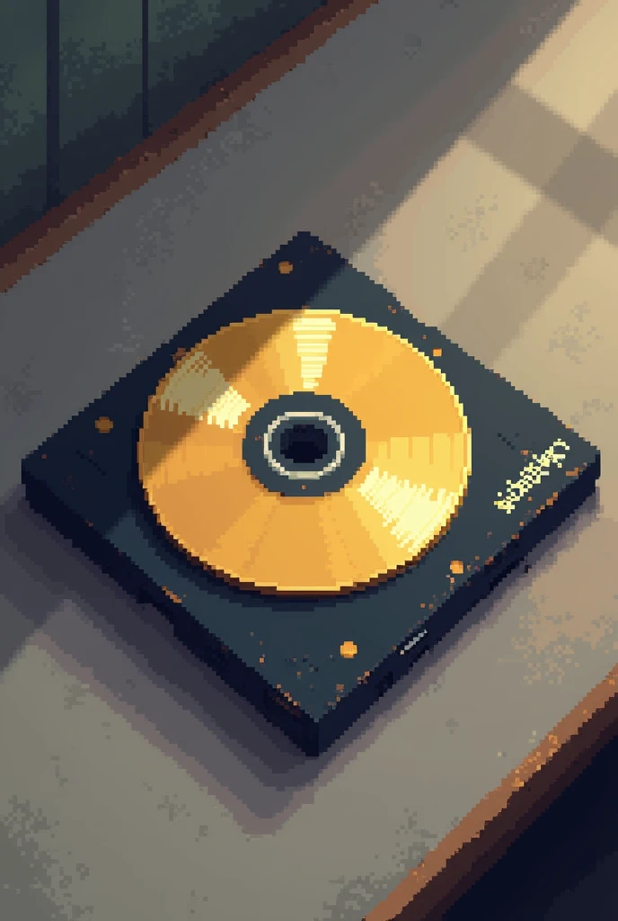 Pixel ART style, you can draw a gold CD in a black, thin case like the disc with a little wear on top of a simple table, and with a row of Indian letters on the right side of the thin black record holder, whose letters are white
