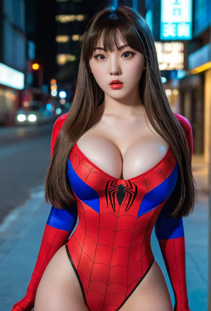 Masterpiece, 8K, Ultra HDR, Super resolution, Young woman, korean, Korean idol, idol make up, brunette, bangs, pale skin, very long straight hair, idol face face, unbelievably beautiful face, big lips, large breasts, large butt, wide hips, Spiderman costume, cleavage, Angry look on face, angry, full body,  Night Street setting,