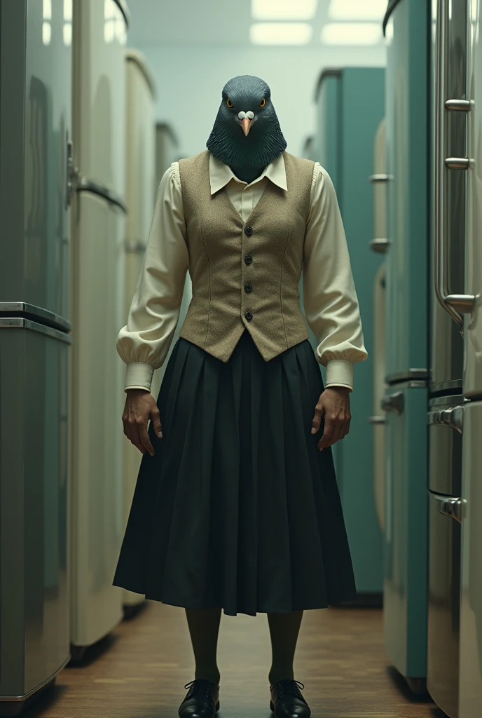 ((Highest quality)), ((masterpiece)), (detailed), (front), 怒りの表情で口を開けたGray female pigeonがオフホワイトで襟付きのshort-sleeved shirtに薄茶色のベストを着てひざ丈の黒いスカートに濃い緑の靴下と黒の靴を履いて、Surrounded by so many refrigerators, he is pointing at me., (Gray female pigeon), (short-sleeved shirt), Photorealistic images。