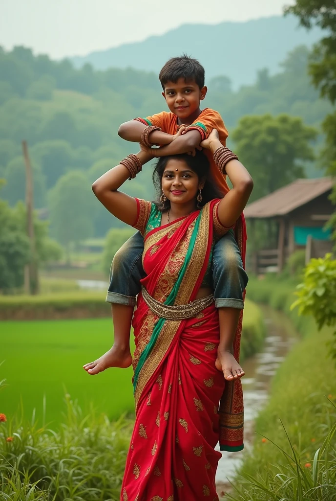 Smiling, Beautiful i village young girl in saree carrying a large man over her head in a farm, full view , natural 