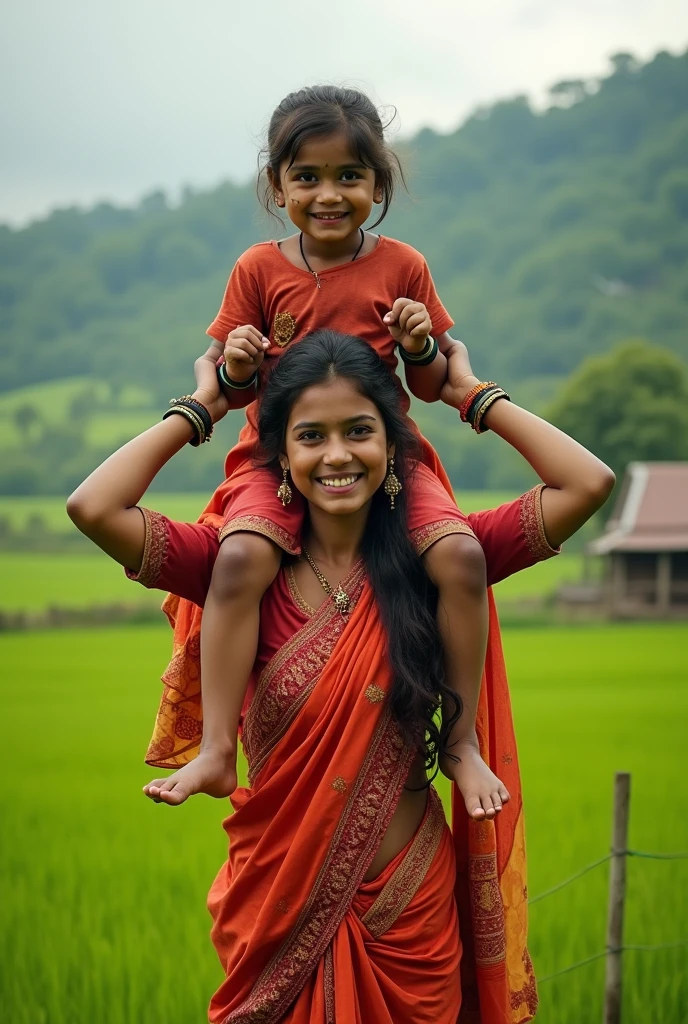 Smiling, Beautiful pakistani village young girl in saree carrying a large man over her head in a farm, full view , natural