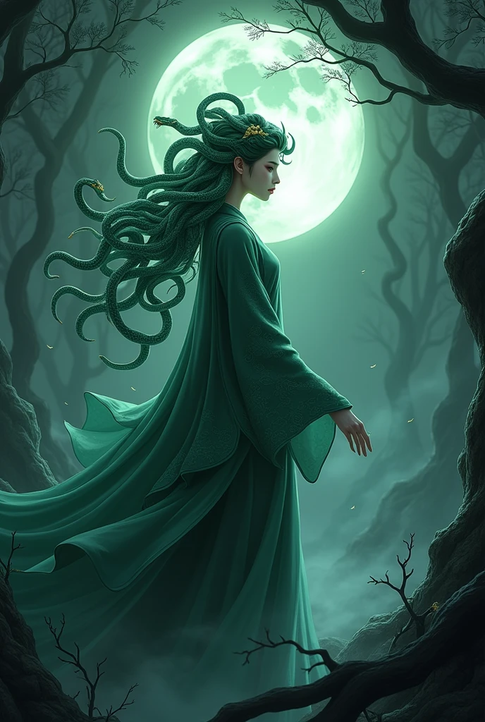 Medusa, reimagined in a donghua style, stands in a dark, mystical forest with her serpentine hair flowing around her like a living crown. Her face is beautiful yet haunting, with sharp, elegant features and glowing, piercing eyes that can turn anyone who gazes into them to stone. She wears a flowing, traditional Chinese robe that billows in the wind, decorated with intricate patterns resembling scales. Her skin is a pale, almost ethereal hue, contrasting with the dark, ominous environment. The snakes in her hair are animated and lifelike, their scales shimmering with a jade-green glow under the moonlight. The background is filled with ancient, twisted trees, their branches reaching out like claws, and the air is thick with an eerie mist. The scene is illuminated by the soft light of the full moon, casting long shadows and adding to the mysterious and otherworldly atmosphere.