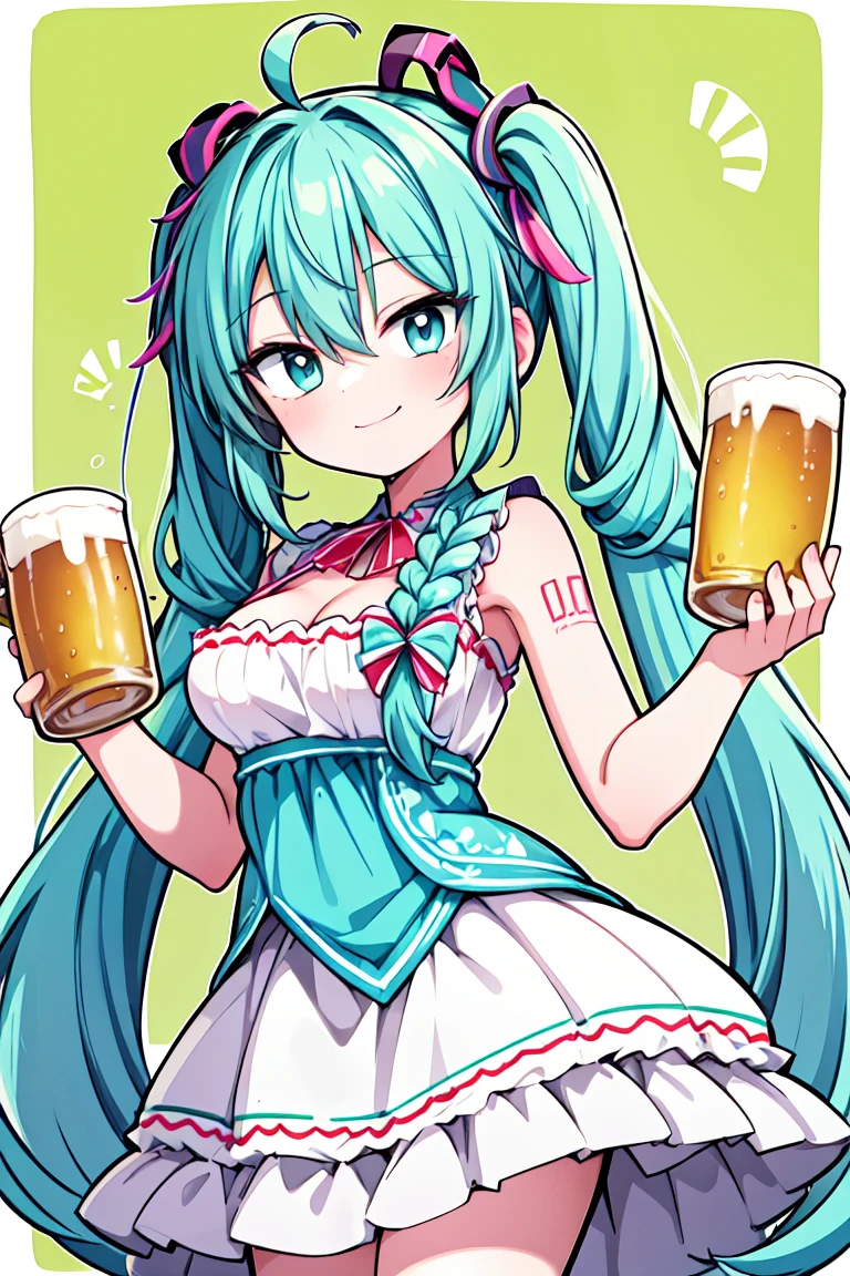 miku hatsune, ahoge, aqua eyes, aqua hair, crossed bangs, hair between eyes, long hair, twintails, mexican dress, braids, beautiful girl, smile, smiling, smug, holding a beer, medium breasts, cleavage, hair ribbons