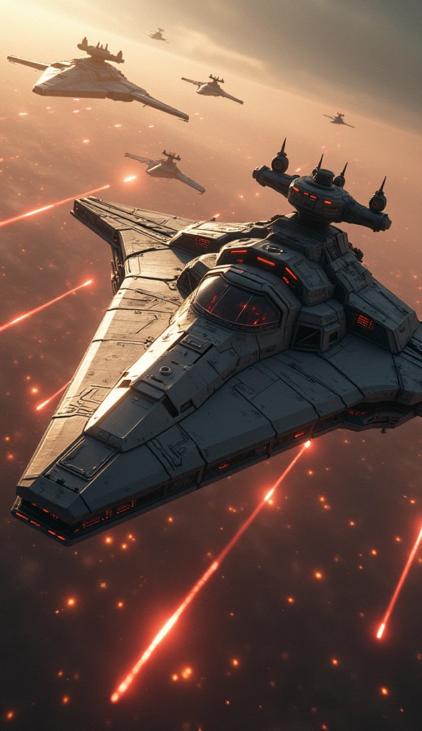 Star Wars, Futuristic sci-fi space battle, very detailed, A magnificent spaceship, Fierce battles, Glowing energy weapon, Powerful Explosion, dramatic lighting, cinematic composition, Change color palette, realist rendering, Intricate mechanical details, Sense of scale and grandeur, (best quality,4K,8k,high resolution,masterpiece:1.2),very detailed,(realist,photorealist,photo-realist:1.37)