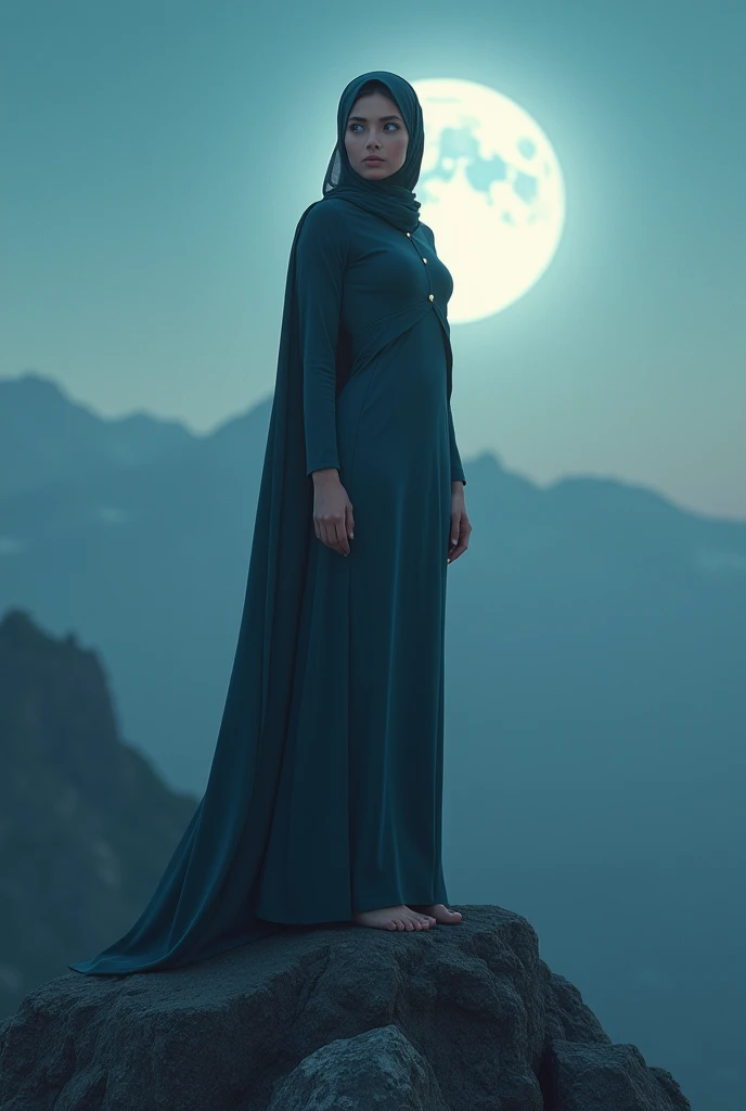 8K, Top Quality, Intricate Details, Ultra Detail, Ultra High Resolution, Masterpiece, random angle, Slender, Smile, (Makeup: 0.4), (Fluffy Blue Eyes: 1.21), blue Eyes, looking at viewer, ((full body)), 1girl, solo, 1 girl, (( full body)), close up shot, , ((tall)), (((fit body))), (((slim face))), sharp face, sharp eyes, (((black hair, long hair, )) (detailed face), sharp face, small lips,
((hijab, Abaya)), detailed face, detailed breast, , large breast, detail ass, , Beautiful girl with accentuated slender abs: 1.4, Six Pack Abs: 1.4, Bust Botox, Big, Perfect Body, detail leg, (( moonlight)), top of mountain. Kadının büyük göğüsleri kıyafetinden belli oluyor. Göğüs uçları b2lirgin. İki çıplqk erkeğin arasında gülümsüyor.