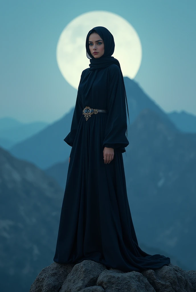 8K, Top Quality, Intricate Details, Ultra Detail, Ultra High Resolution, Masterpiece, random angle, Slender, Smile, (Makeup: 0.4), (Fluffy Blue Eyes: 1.21), blue Eyes, looking at viewer, ((full body)), 1girl, solo, 1 girl, (( full body)), close up shot, , ((tall)), (((fit body))), (((slim face))), sharp face, sharp eyes, (((black hair, long hair, )) (detailed face), sharp face, small lips,
((hijab, Abaya)), detailed face, detailed breast, , large breast, detail ass, , Beautiful girl with accentuated slender abs: 1.4, Six Pack Abs: 1.4, Bust Botox, Big, Perfect Body, detail leg, (( moonlight)), top of mountain. Kadının büyük göğüsleri kıyafetinden belli oluyor. Göğüs uçları b2lirgin. İki çıplqk erkeğin arasında gülümsüyor.