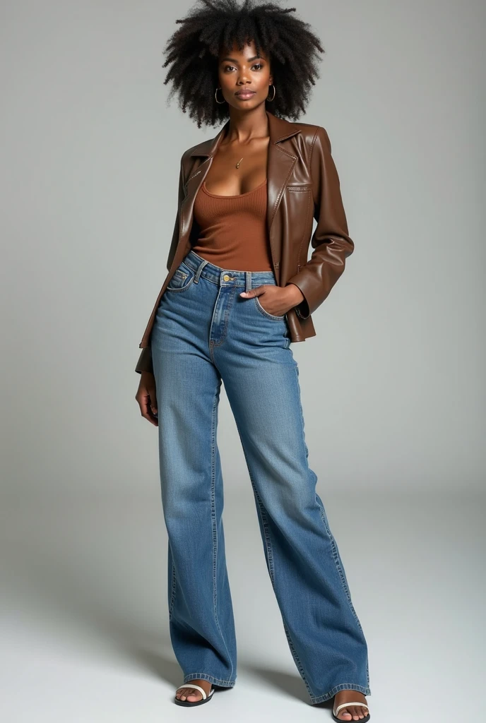 Create samples of a dark skinned lady showcasing how to style in mom jeans, cargo pants, skinny jeans, flared jeans and straight jeans.