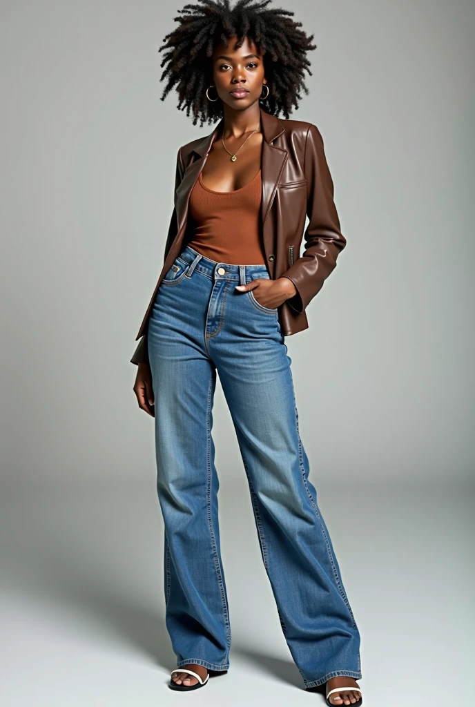 Create samples of a dark skinned lady showcasing how to style in mom jeans, cargo pants, skinny jeans, flared jeans and straight jeans.