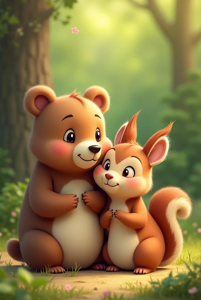 The bear and the squirrel sitting together, smiling at each other in a friendly manner.