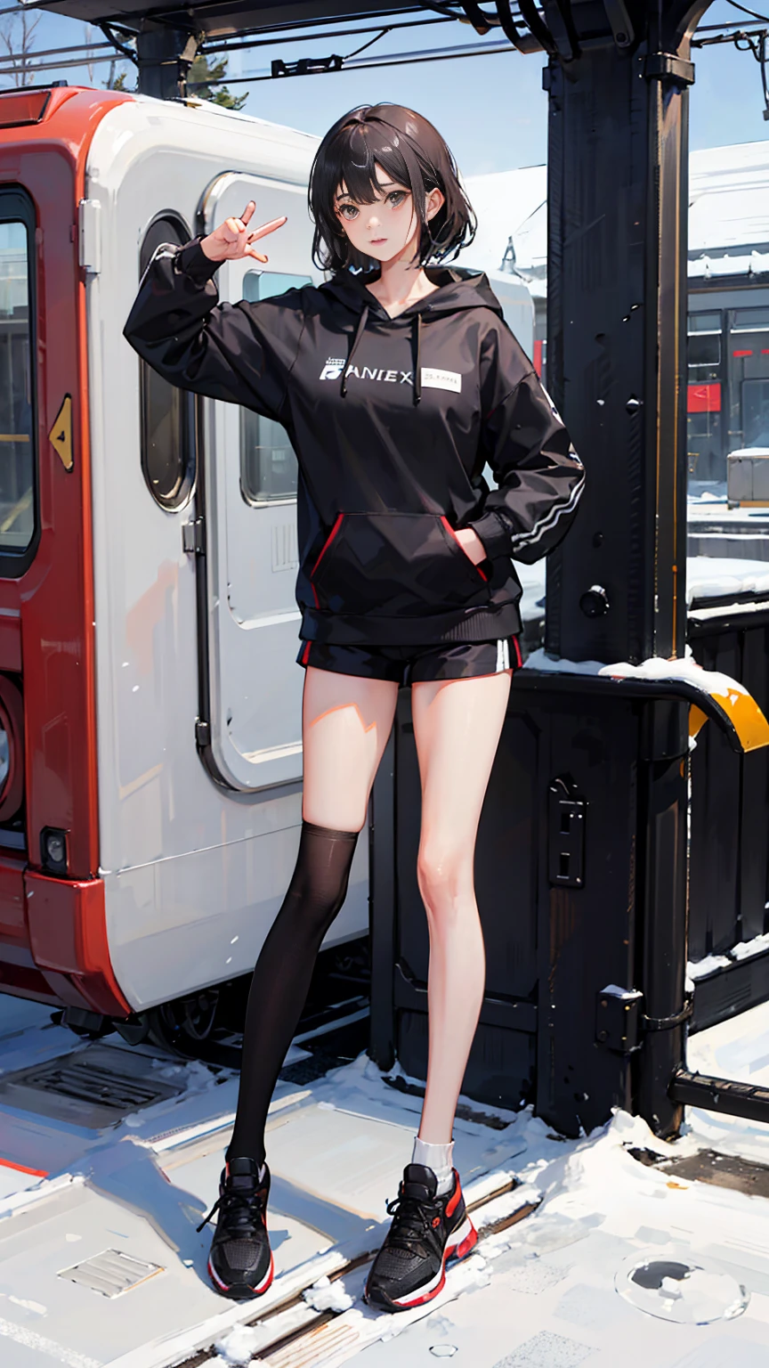 a  girl,skinny,very slim,wearing a hoodie,wearing short pants,baring the whole legs,white short socks,sport shoes,in the snow,beside a train