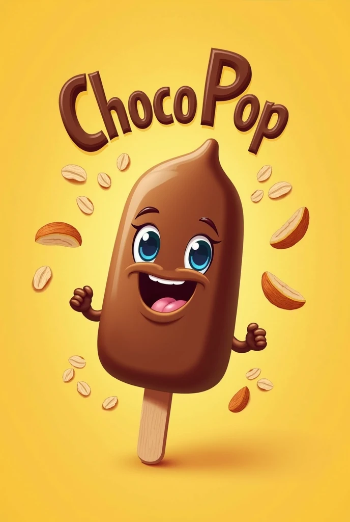 Make me a logo called ChocoPop, with yellow and brown colors, Keep in mind that these are chocolate covered banana popsicles plus toppings., like a nut, Avena, almond