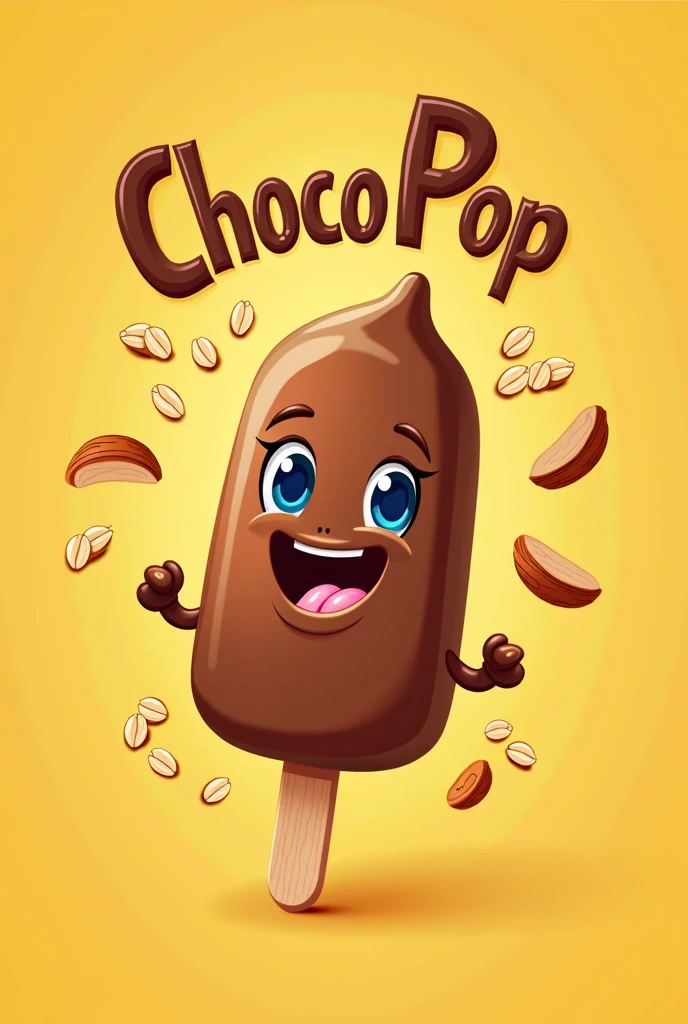Make me a logo called ChocoPop, with yellow and brown colors, Keep in mind that these are chocolate covered banana popsicles plus toppings., like a nut, Avena, almond