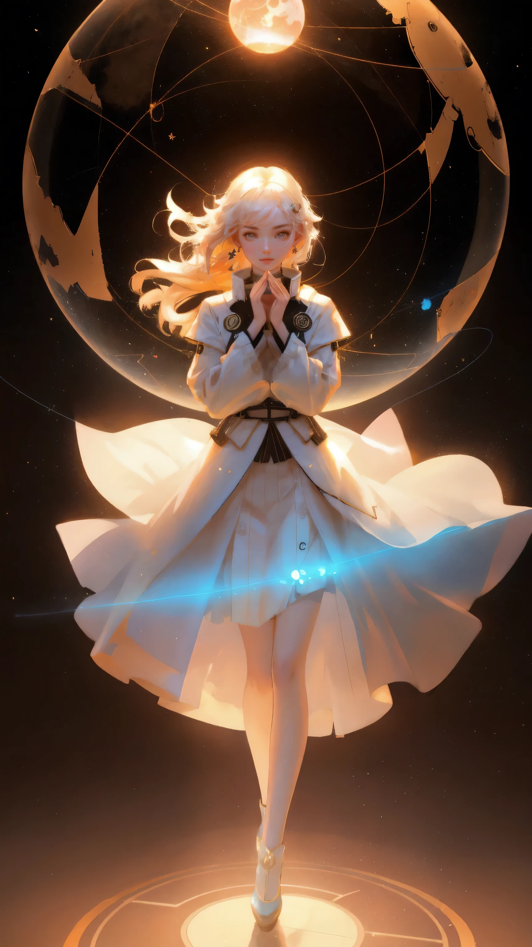 A beautiful, ethereal girl in a futuristic outfit, manipulating floating Bitcoin symbols with her hands as they orbit around a cracked globe. The scene is set against a brown background, with candles casting a warm glow on the ground, emphasizing the magical yet grounded atmosphere.