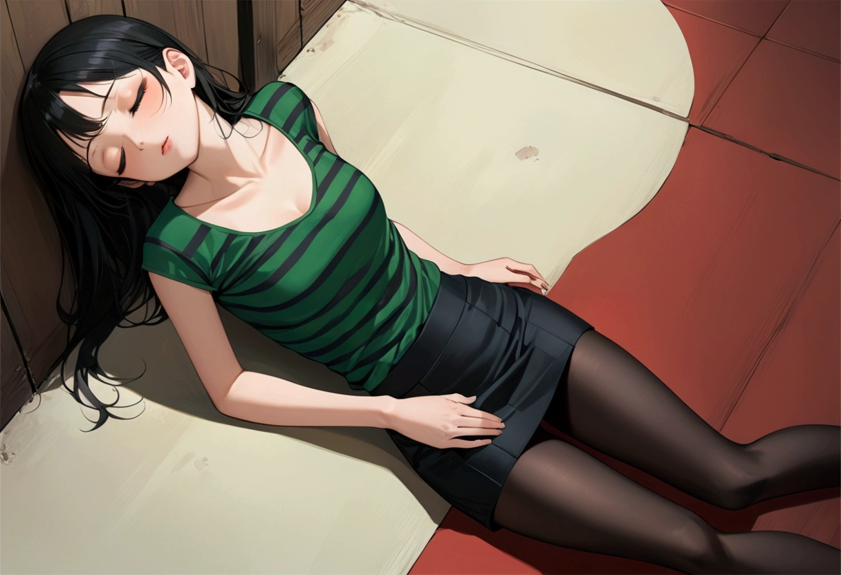 realistic anime illustration of pretty young girl is lying down, her back is leaning against wall, closed eyes, she has black long straight hair, wears green-black striped blouse, black tube mini skirt (1girl, solo, full body), (masterpiece, best quality, japanese anime style), (expressive eyes, perfect face, perfect body)