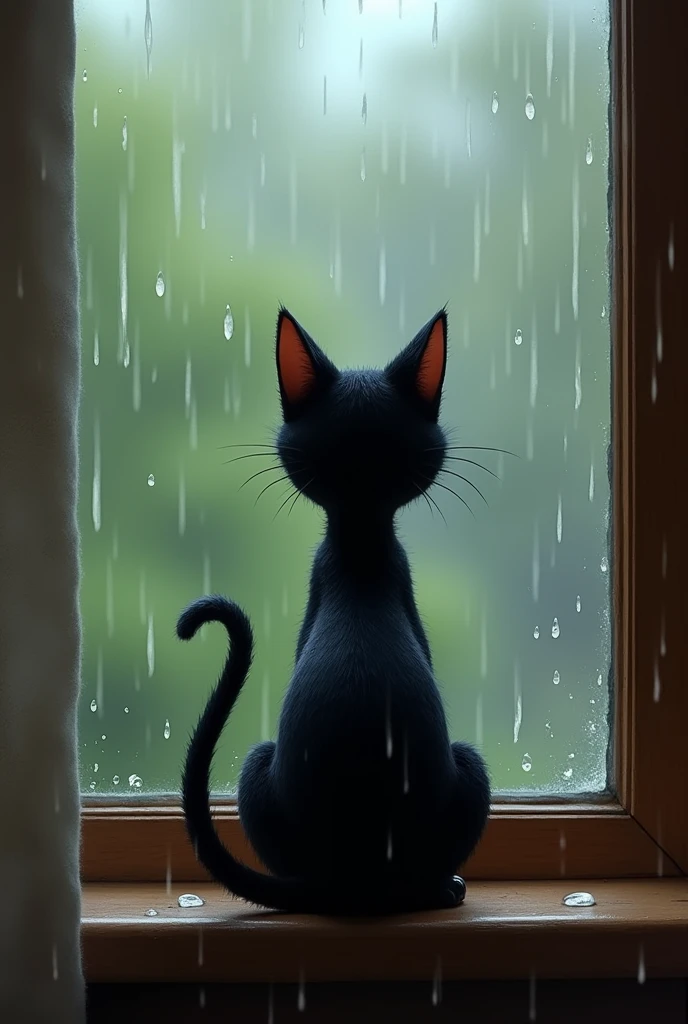 Create a small black cat watching the rain fall from a window, in a pose of tiredness
