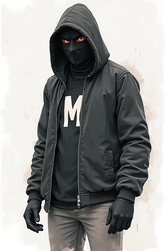Create a drawing of a thief without a mask with the shirt with the letter m