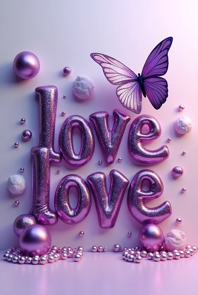 Name "Mbwira Izina Ryawe Ndiguhe" 3D metallic purple glitter with metallic purple heart, metallic purple butterfly, metallic purple peal. Everything in front 3D rendering, typography, 3d render, poster, fashion