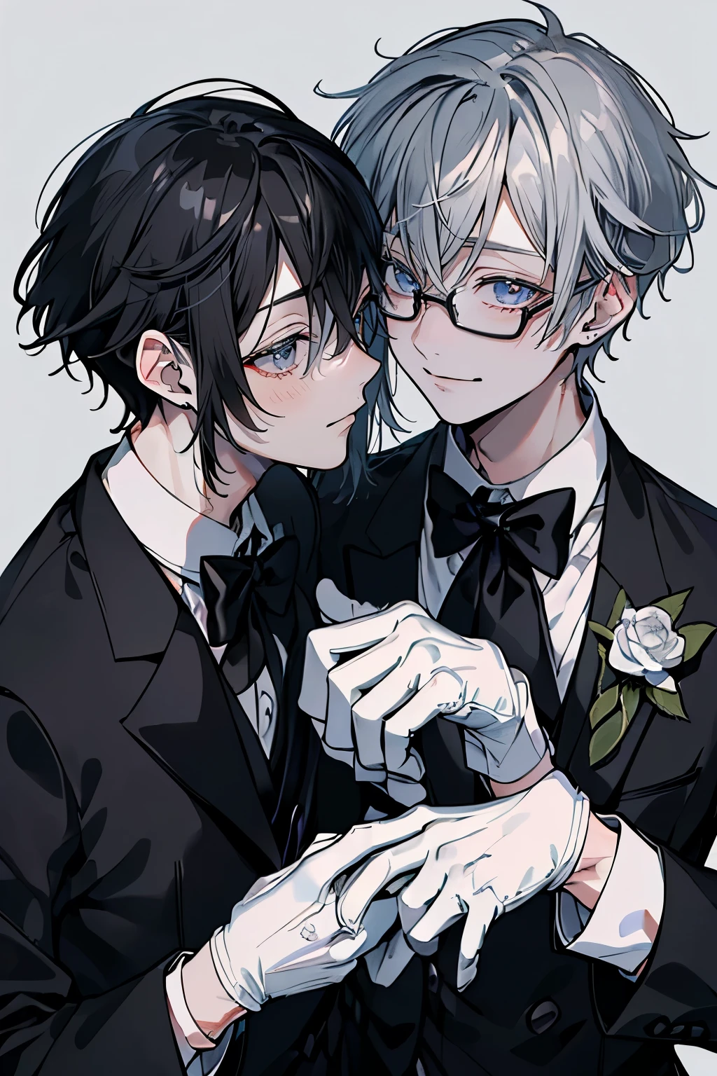 (Mastepiece)、(Best Quality)、Very detailed、((Two intimate butlers:1.5))、Perfect Face、Beautiful Face、Very detailedな顔、(Black-haired man:1.3)、(Grey-haired man:1.3)、Black butler uniform、Glasses、(White gloves:1.3)、Smiling face
