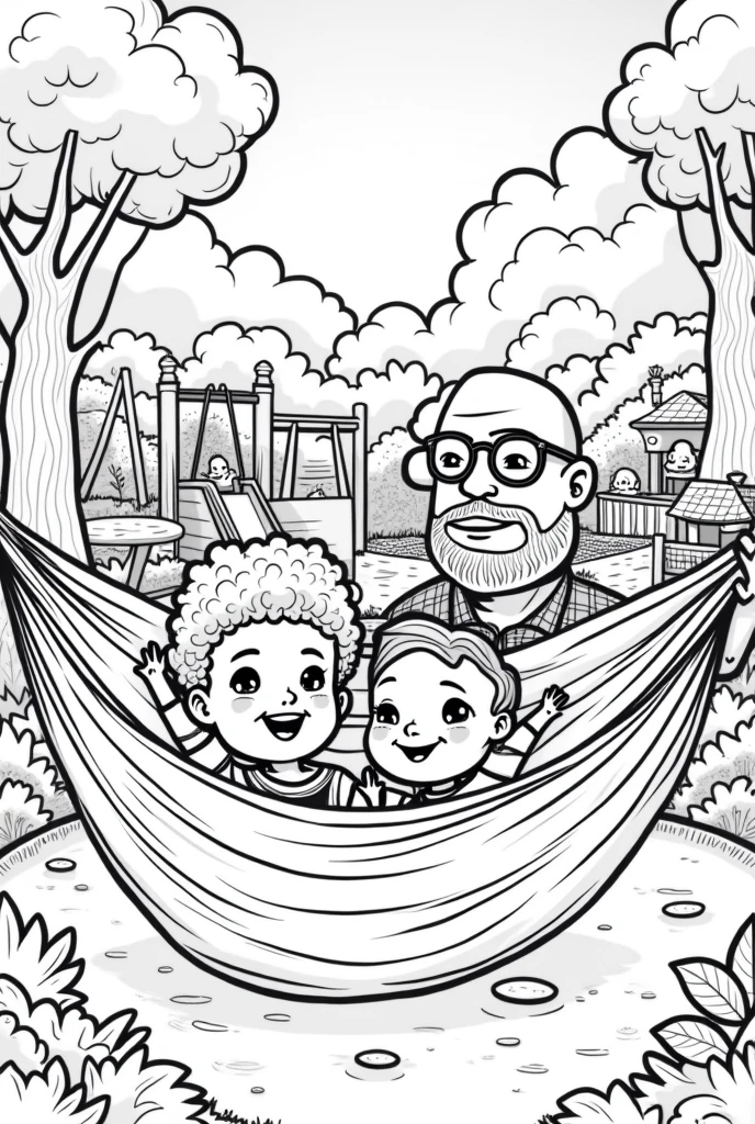 Coloring page of a  , short hair, many curls. In a park with lots of games and children. playing in the hammock with his dad, shaved head man with short beard and glasses