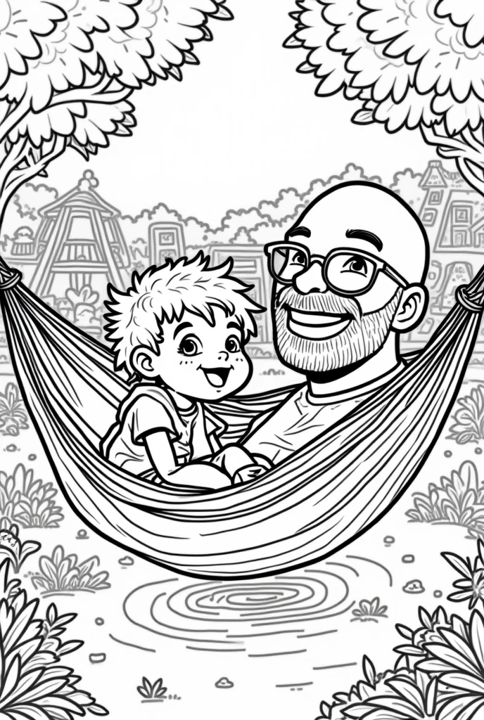 Coloring page of a , short hair, many curls. In a park with lots of games and children. playing in the hammock with his dad, shaved head man with short beard and glasses