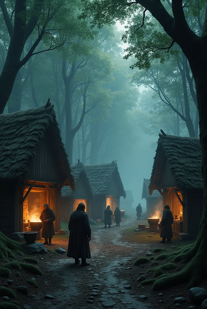 The image shows a medieval village located in a dense and dark forest, with tall, leafy trees that create a mystical atmosphere. The cabins are built of wood and thatched roofs., some partially covered with moss, which reflects a rustic and old atmosphere. several people, dressed in fur clothes and dark cloaks, are busy with everyday tasks: Some work in forges, while others chat or carry out tasks around large cauldrons. The ground is covered with dark, damp earth., with small stones and moss, which adds a feeling of humidity and freshness typical of a forest environment. The dim light filtering through the trees and the light fog contribute to the gloomy and mysterious atmosphere of the scene..