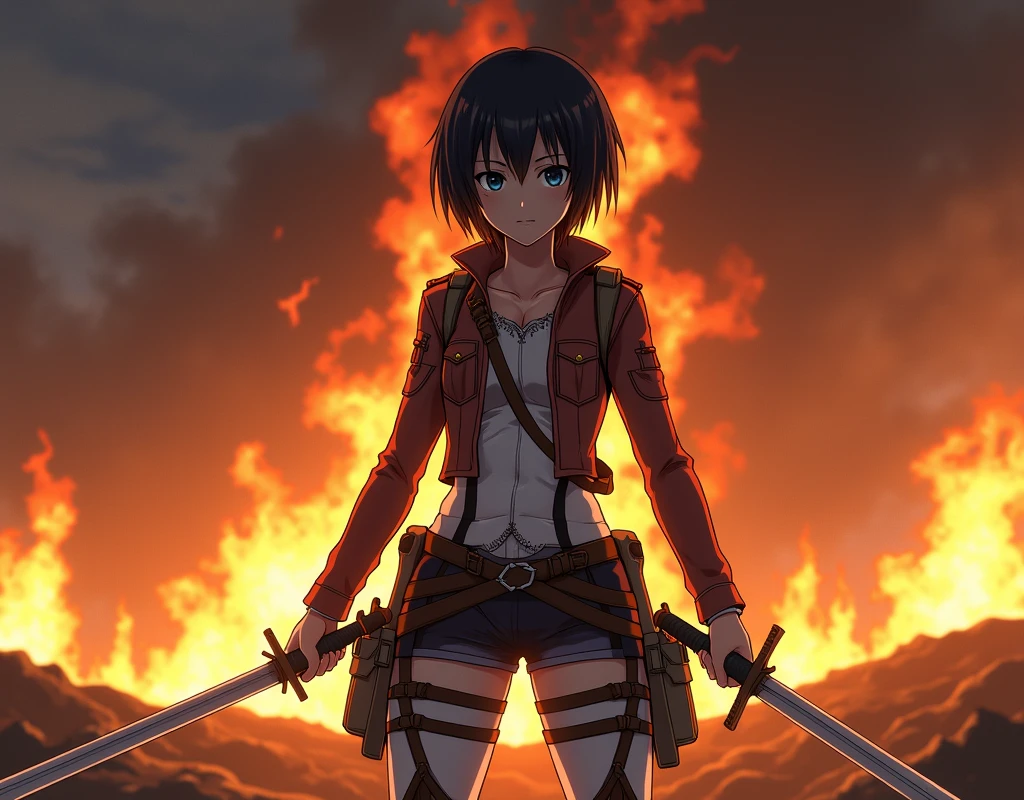 Mikasa holding two swords in front of a fire、Attack on Titan anime style, (Mikasa Ackerman), from Attack on Titan, Attack on Titan covert art, Sunku, in Attack on Titan, (Attack on Titans anime), shingeki no kyojin, Attack on Titan, Attack on Titan、masterpiece, Masterpiece best quality, Highest quality ultra detailed, Super detailed highres, High resolution, Realistic RAW photo, Raw photo real person, Real people portrait photography, Photorealistic portrait photography, Photorealistic shiny skin, Shiny skin Detailed skin, Detailed, dynamic pose、beautiful、Dirty clothes and skin、short hair